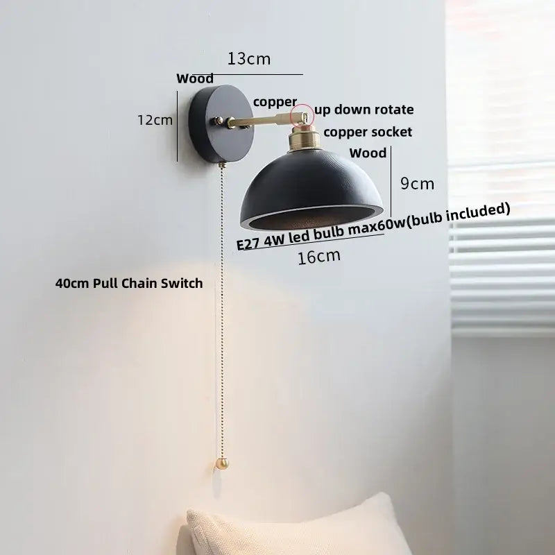 Black dome-shaped wall lamp with copper led arm and socket mounted on circular wooden base for decorbites copper led wall use