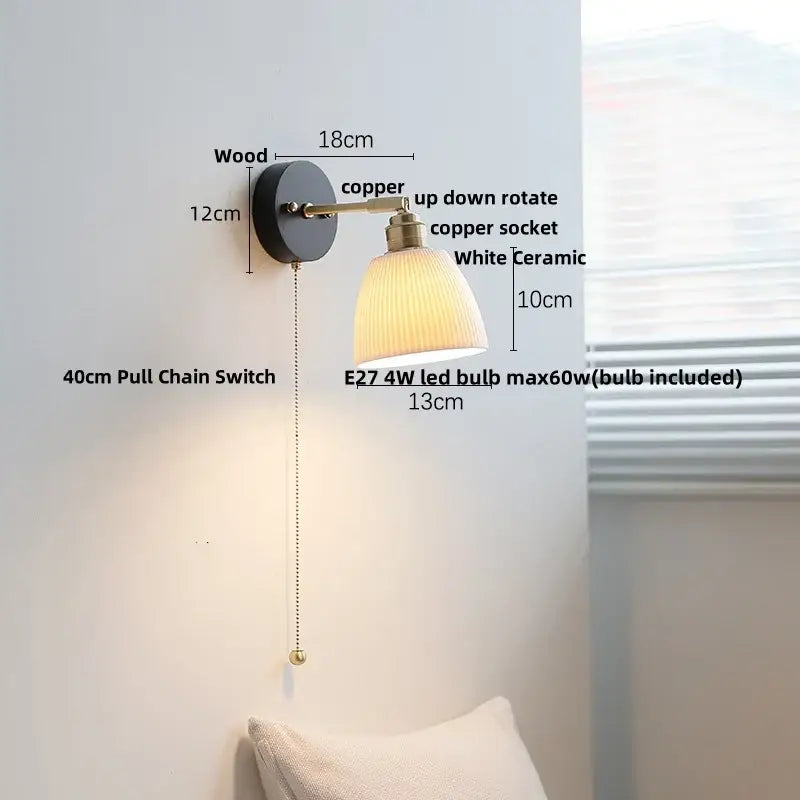 Copper led wall lamp with white ceramic lampshade and wood mount featuring decorbites copper led pull chain design
