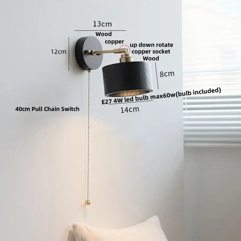 Black matte wall lamp with copper led arm and ribbed glass shade featuring a pull chain for bedroom decorbites copper led wall