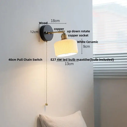A vintage-style wall lamp with black wooden backplate copper led wall arm and white ceramic shade for decorbites copper led