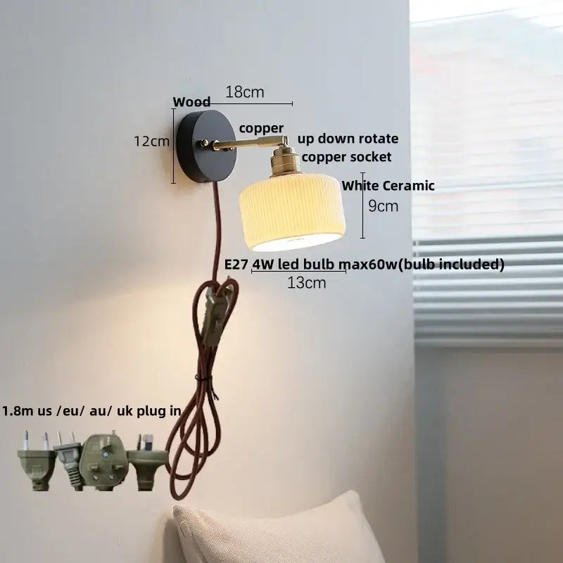 Vintage-style wall lamp with black wooden base, copper led arm, and white ceramic shade for decorbites copper led wall decor