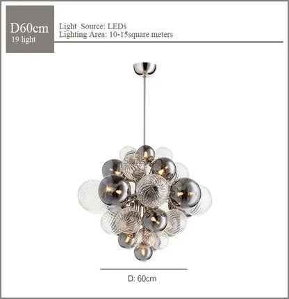 Modern ribbed glass globe led pendant light with 19 clear and smoked glass spheres on metallic rod decorbites glass globe