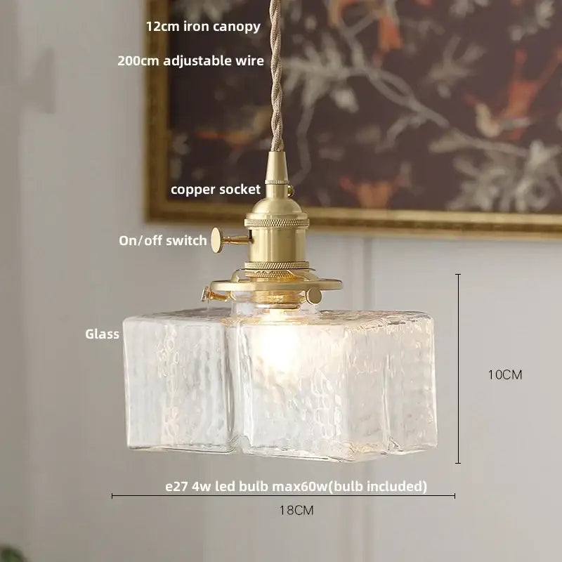 Modern ribbed glass led pendant light with clear textured glass, brass copper socket, and 12cm iron canopy for kitchen use