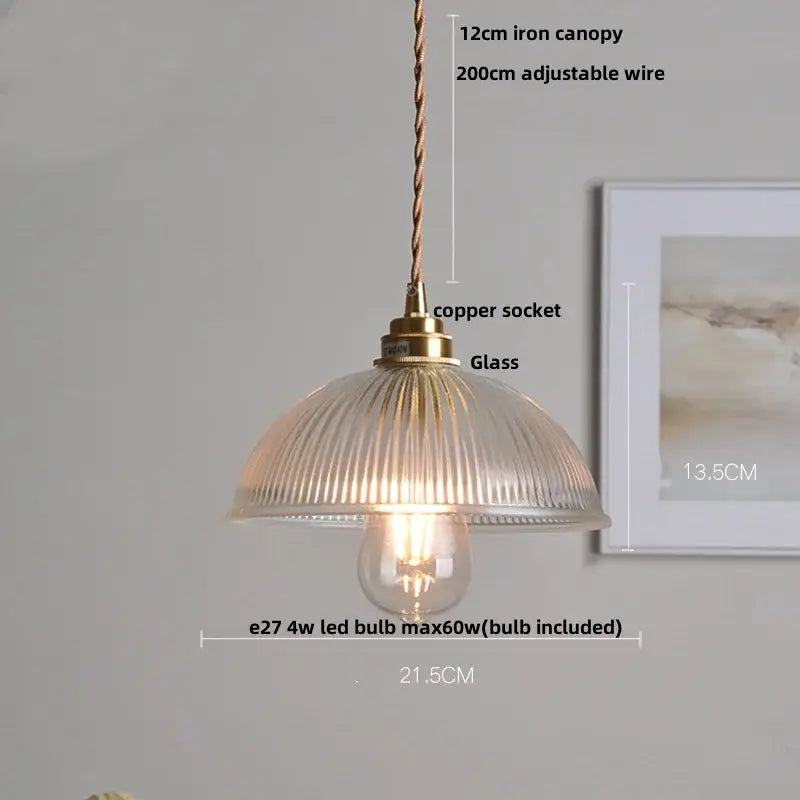 Modern ribbed glass led pendant light with brass copper socket and adjustable iron canopy for kitchen chandelier