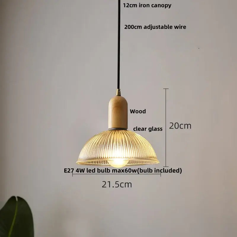 Modern ribbed glass led pendant light with warm-toned wooden top and iron canopy for kitchen lighting