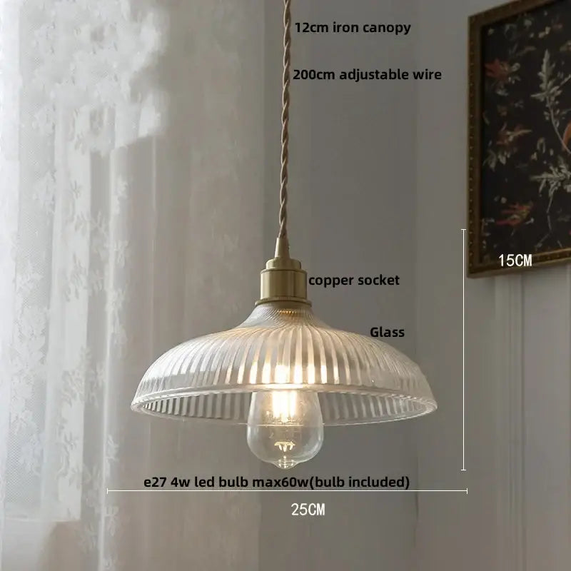 Modern ribbed glass led pendant light with brass copper socket and iron canopy suspended by 200cm adjustable wire