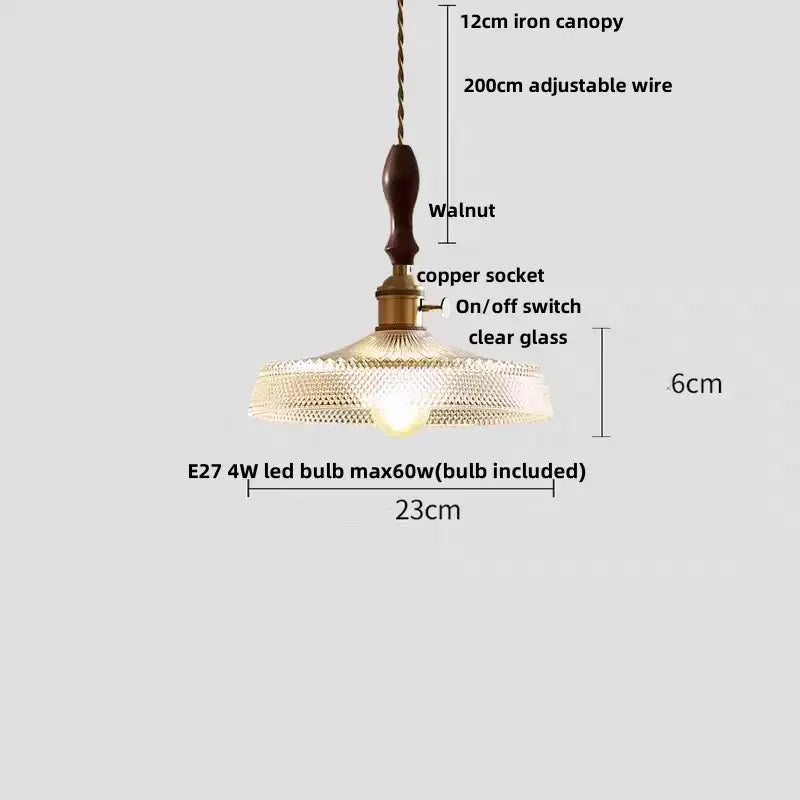 Modern ribbed glass led pendant light with dark walnut wooden handle and brass copper socket for kitchen chandelier use