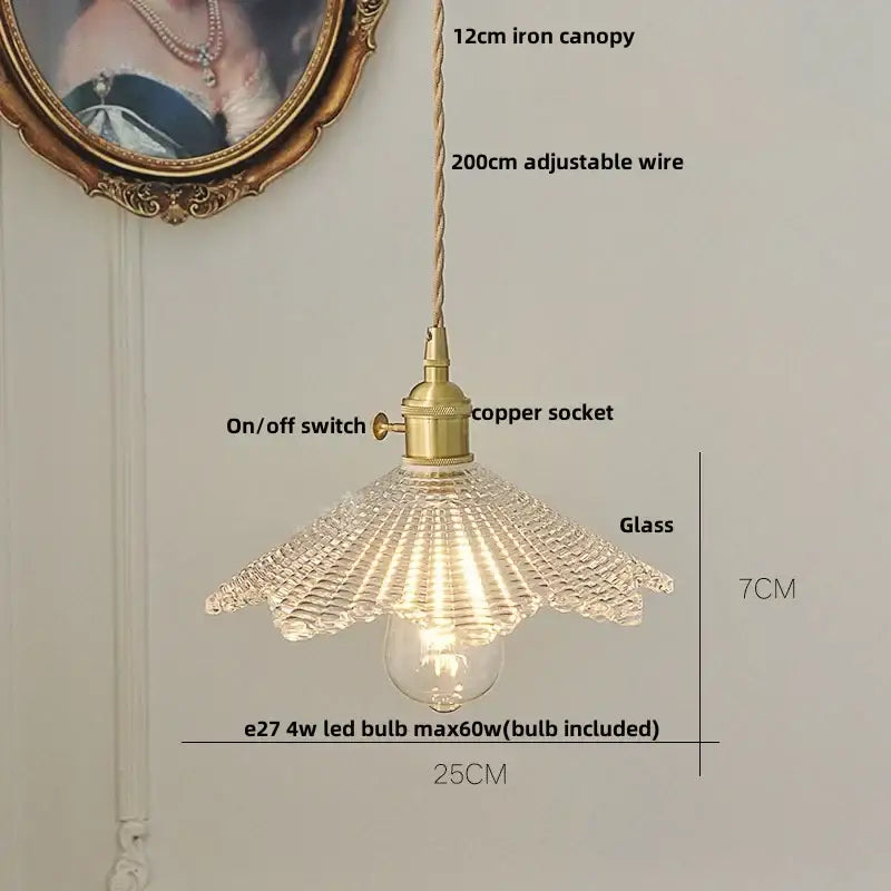 Modern ribbed glass led pendant light with fluted fan-shaped shade and brass hardware for kitchen chandelier