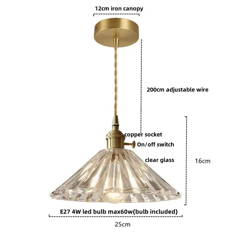 Modern ribbed glass led pendant light with brass iron canopy, twisted copper wire, and faceted clear glass shade