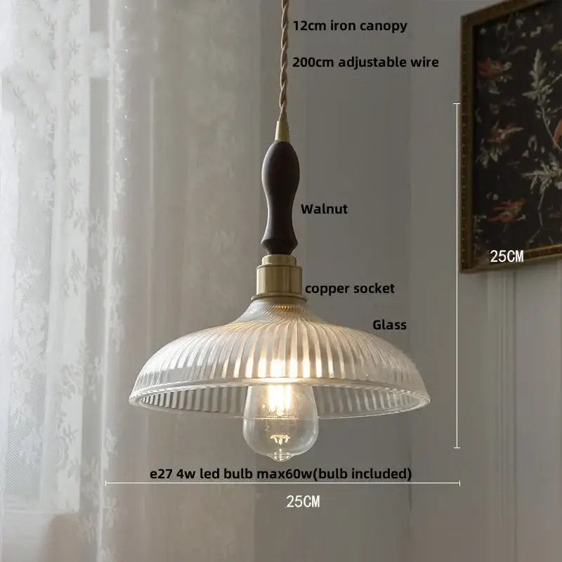 Modern ribbed glass led pendant light with dark walnut iron canopy brass copper socket and clear ribbed glass shade