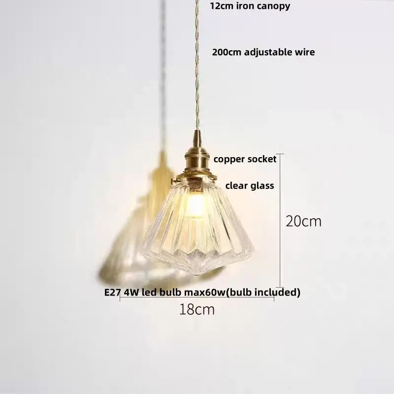 Modern ribbed glass led pendant light with clear glass shade brass copper socket and 20cm adjustable wire