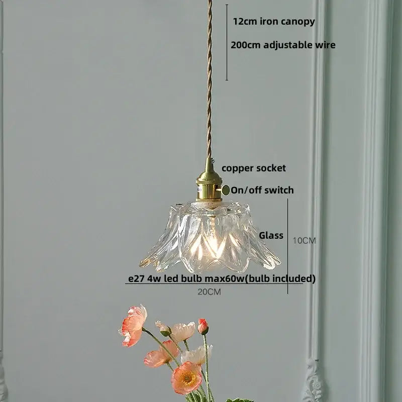 Modern ribbed clear glass led pendant light with fluted petal design and brass copper socket for kitchen chandelier use