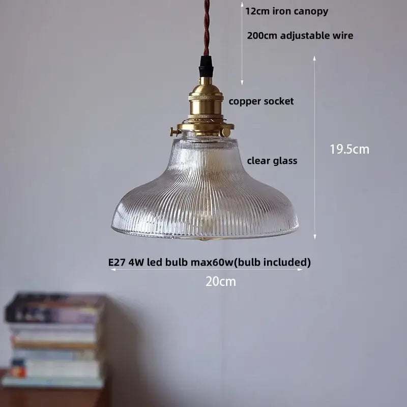 Modern ribbed glass led pendant light with clear glass, brass copper socket, and 12cm iron canopy for kitchen use