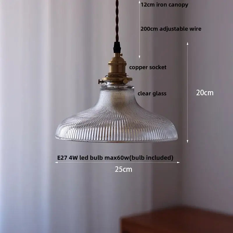Modern ribbed glass led pendant light with clear glass, brass copper socket, and 12cm iron canopy for kitchen use