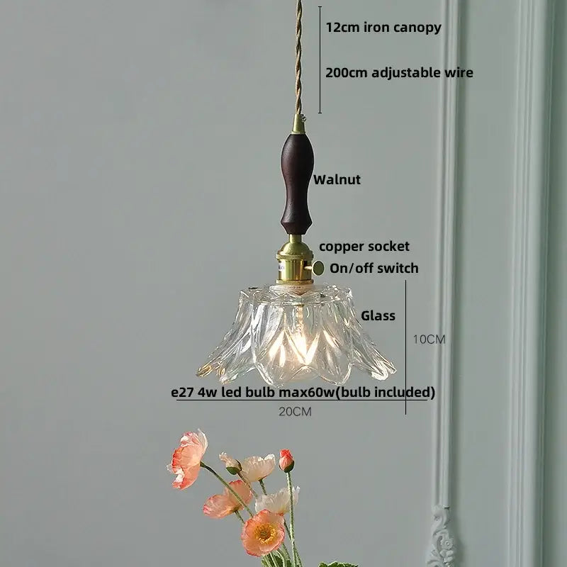 Modern ribbed glass led pendant light with clear fluted glass and dark walnut wood handle for kitchen chandelier