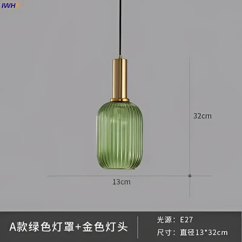 Modern ribbed green glass pendant light with gold-toned brass stem ideal for dining room pendant lights
