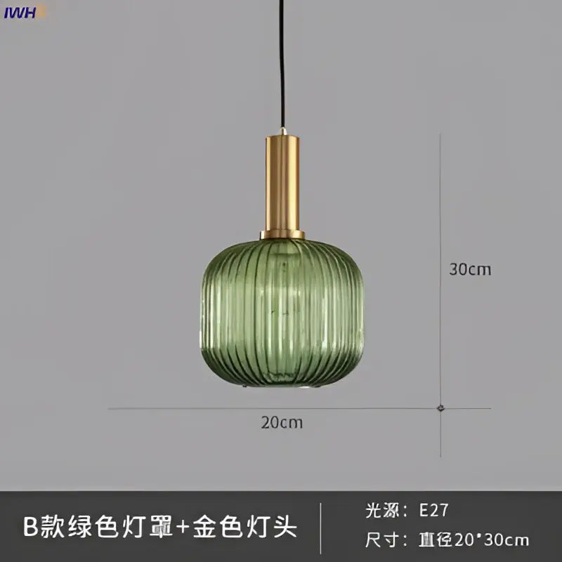 Modern ribbed glass pendant lights with green glass pendant and gold-toned brass stem for dining room lighting