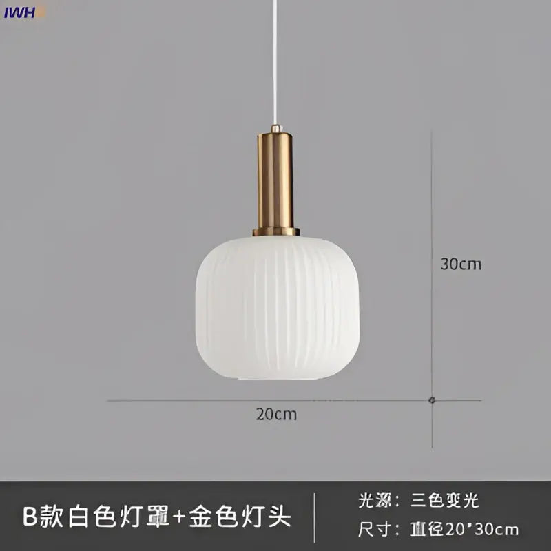 Modern white ribbed glass pendant light with gold-toned brass stem for dining room glass pendant lights