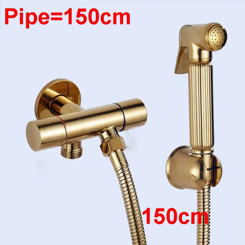 Modern ribbed gold brass bidet sprayer set with sleek bathroom faucet and matching sprayer set for hygiene use