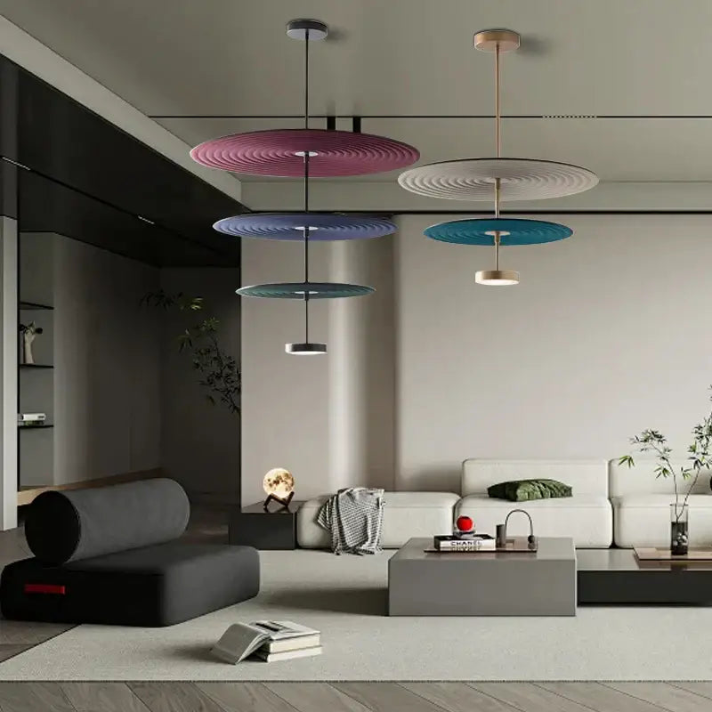 Modern ripple cotton round pendant lights in vibrant pink blue teal and white with concentric ripple textures for decorbites cotton round pendant