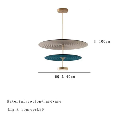 Modern ripple cotton round pendant light with beige and teal tiered discs suspended by brass rod for living room decorbites decor