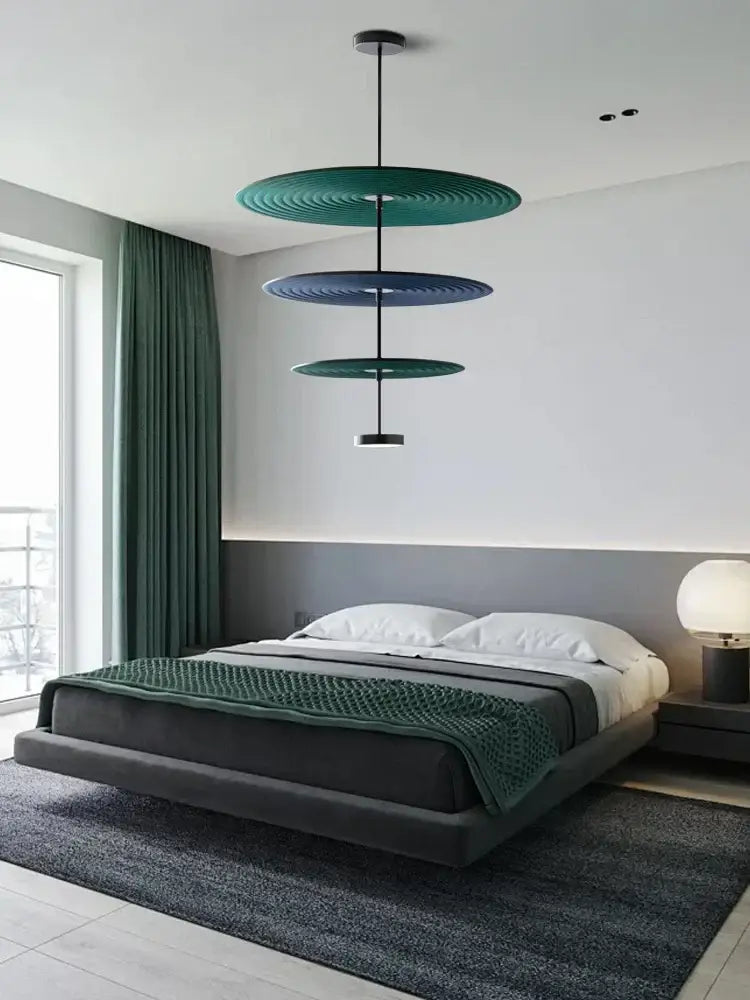 Modern ripple cotton round pendant lights featuring tiered concentric rings in teal and navy blue for living room decor