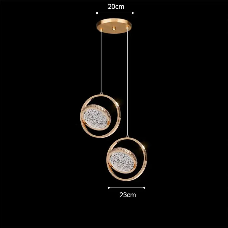 Modern rose gold acrylic led chandelier pendant light featuring gold-toned circular pendant light with crystal centers