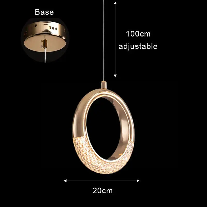 Modern rose gold acrylic led chandelier pendant light with gold-toned circular design and textured crystal lower half