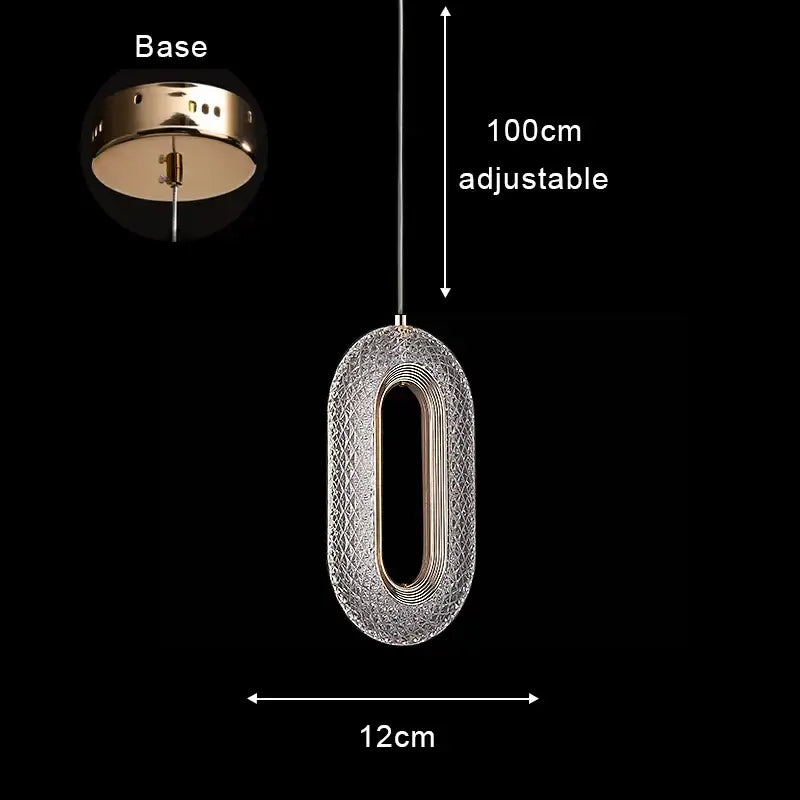 Modern rose gold acrylic led chandelier pendant light featuring an oval-shaped gold acrylic led frame with crystal mesh design