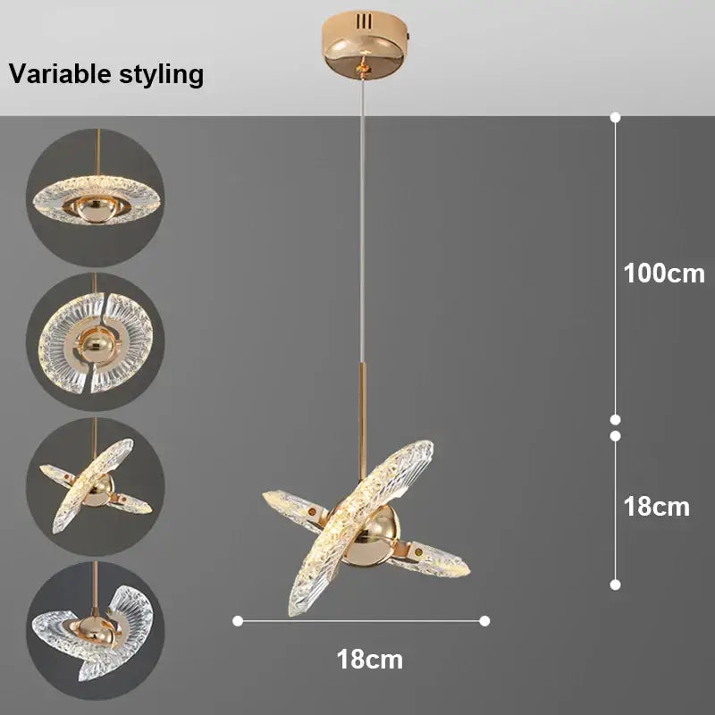Modern rose gold acrylic led chandelier pendant light with gold-toned fan-shaped glass blades for dining room use