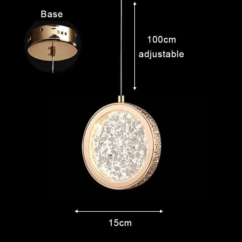 Modern rose gold acrylic led chandelier pendant light with gold-toned metal frame and illuminated crystal center, adjustable height