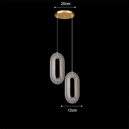Modern pendant light with gold acrylic led ceiling mount and two crystal-encrusted oval shades for dining room chandelier