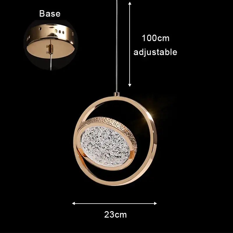 Modern rose gold acrylic led chandelier pendant light with gold-toned circular design and sparkling crystal center, 100cm adjustable length