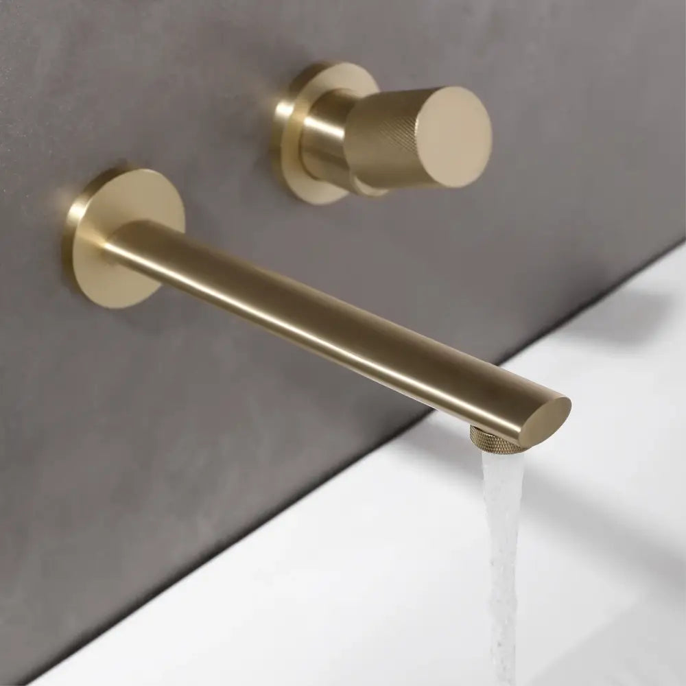 Modern rose gold aitana wall-mounted bathroom faucet with brass finish, sleek cylindrical spout, textured knobs, and high-quality ceramic valve