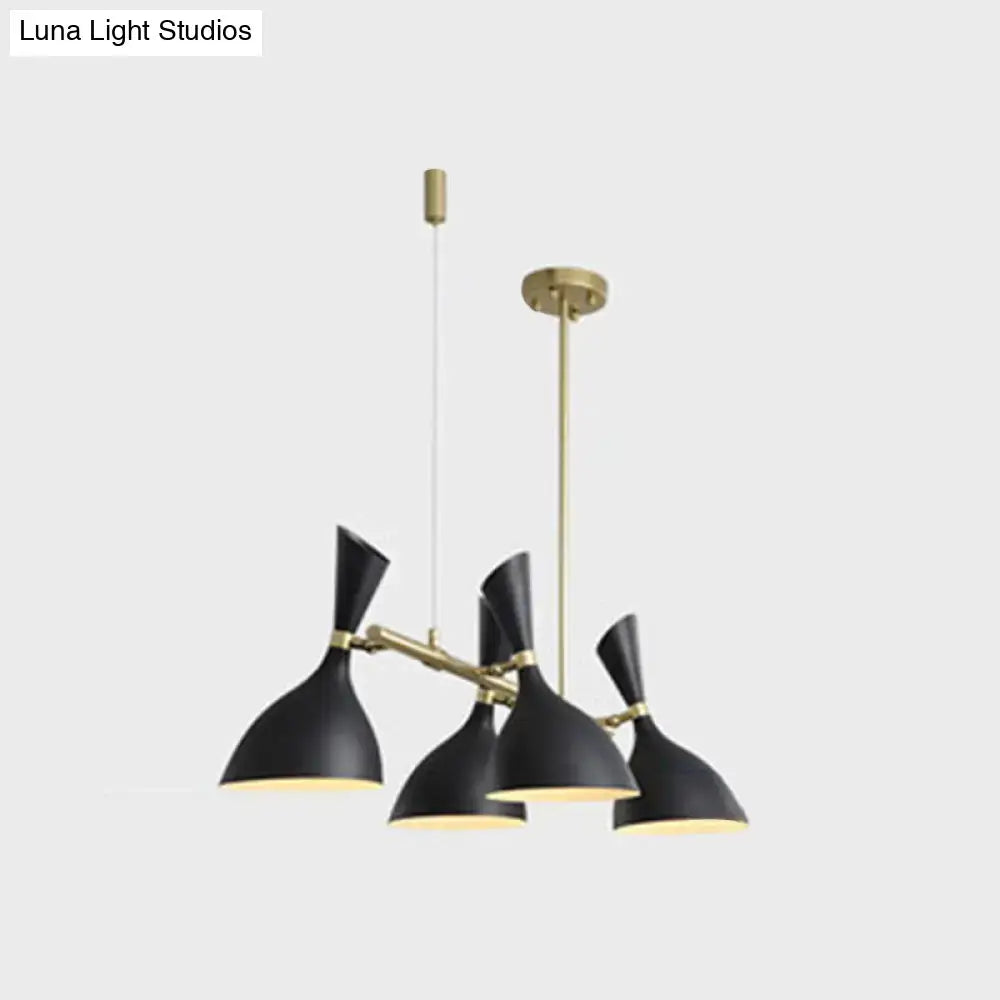 DecorBites modern black matte funnel ceiling pendant with brass accents and five conical metal shades for dining room
