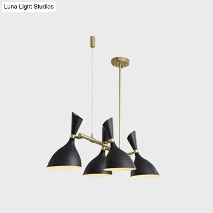 DecorBites modern black matte funnel ceiling pendant with brass accents and five conical metal shades for dining room