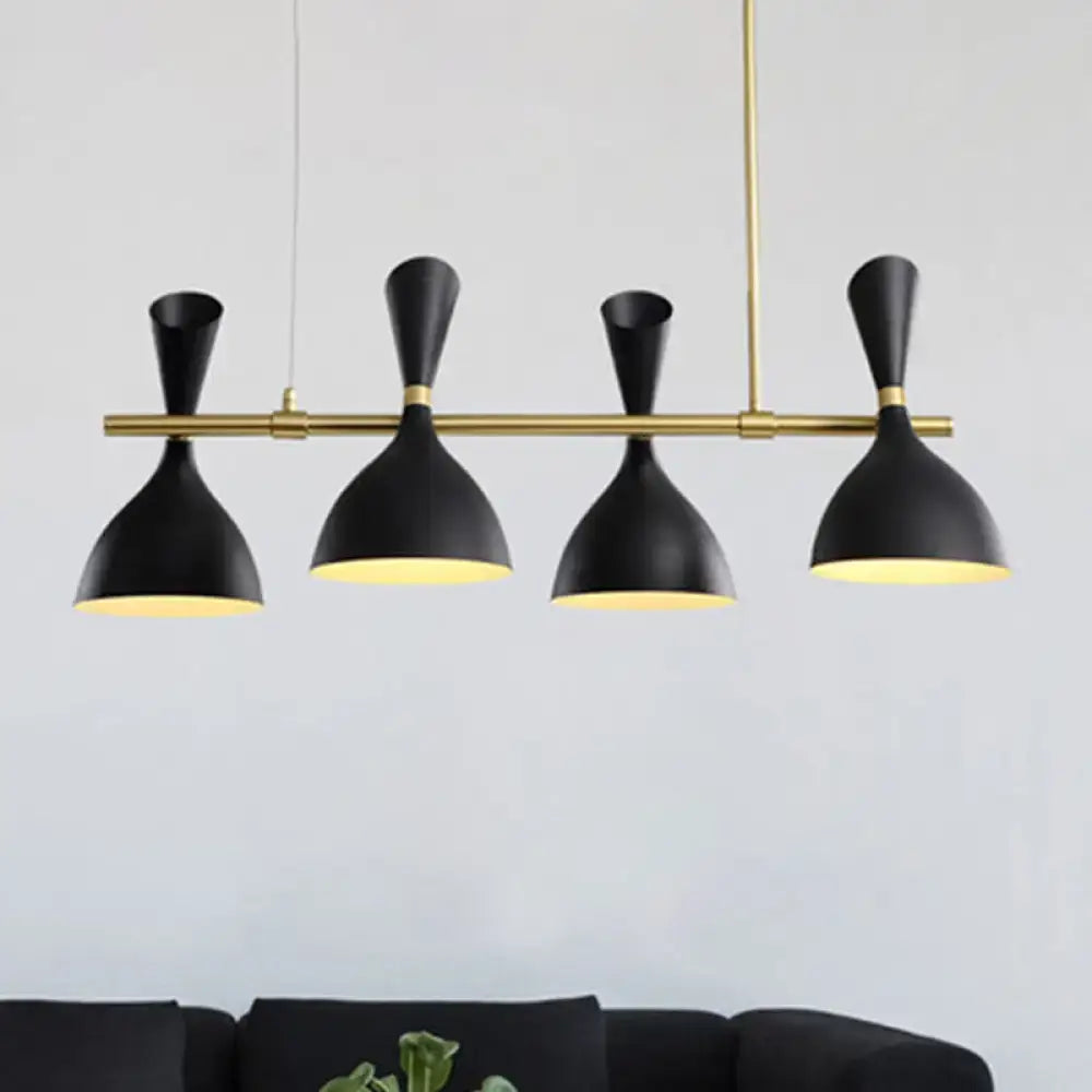 Black matte funnel ceiling pendant with gold metal accents and conical shades for dining room lighting by DecorBites™