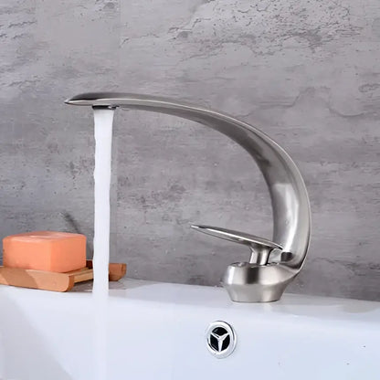 Modern rose gold and black brass decorbites basin faucet with sleek curved brushed stainless steel single handle design