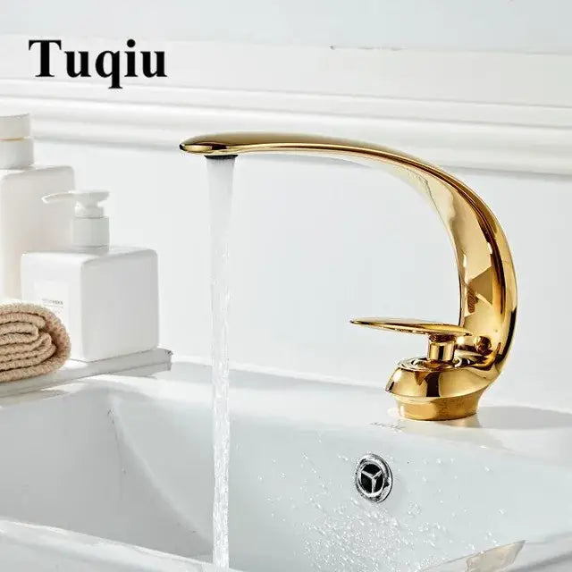 Modern rose gold and black brass decorbites basin faucet with a sleek curved spout for bathroom mixer tap use