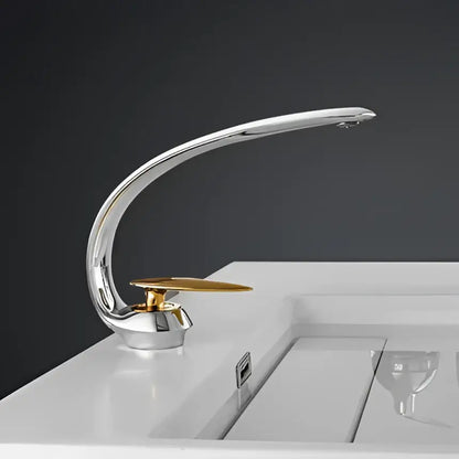 Modern rose gold and black brass decorbites basin faucet with chrome finish curved spout and gold-toned flat disc handle