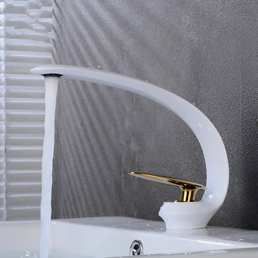Modern rose gold and black brass basin faucet with white ceramic gold-tone curved spout for decorbites basin use