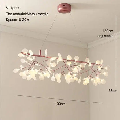 Modern rose gold pendant light with 81 glowing acrylic leaf-shaped light sources for dining room use