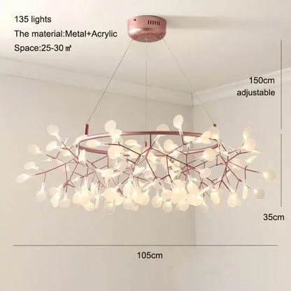 Modern rose gold and black pendant light with 135 light sources in a branching leaf-like acrylic and metal design for dining room