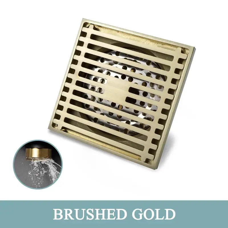 Modern rose gold brushed square floor drain with sleek horizontal slat design for bathroom use