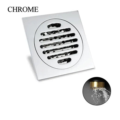 Modern rose gold brushed square floor drain with chrome finished circular grille and horizontal slats for bathroom use