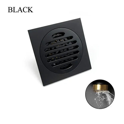 Modern rose gold brushed square floor drain with sleek matte black finish and horizontal slat design for bathroom use