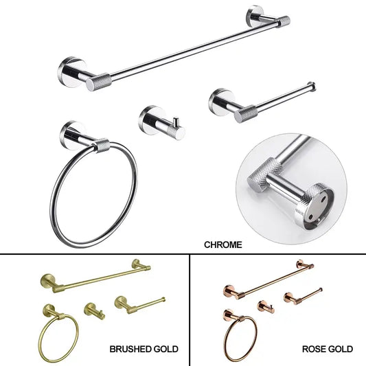 Modern rose gold and brushed gold stainless steel bathroom accessories with chrome finish and textured mounting knobs decorbites bathroom