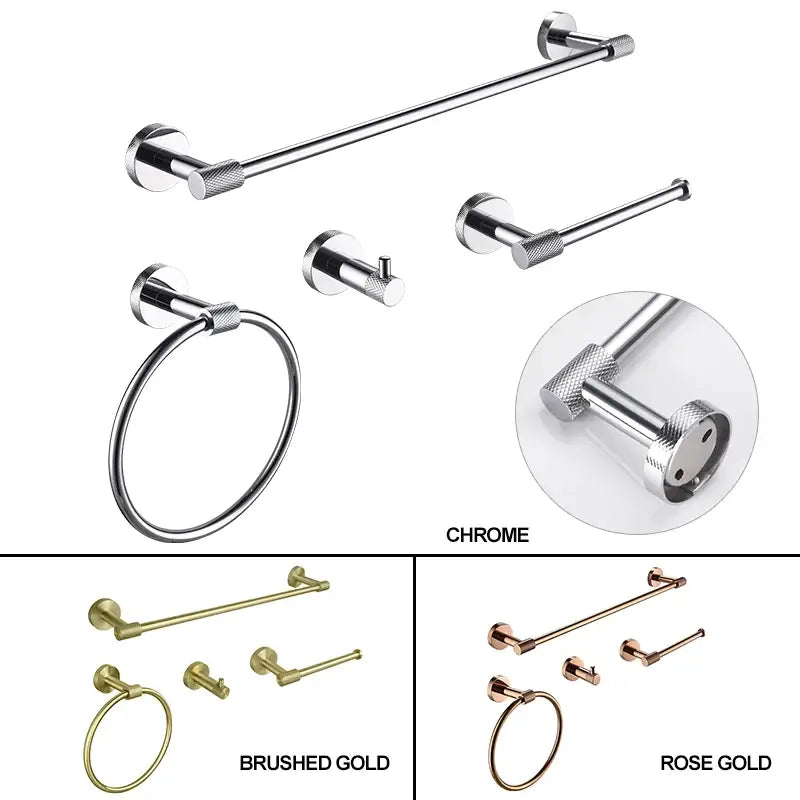 Modern rose gold and brushed gold stainless steel bathroom accessories with chrome finish and textured mounting knobs decorbites bathroom
