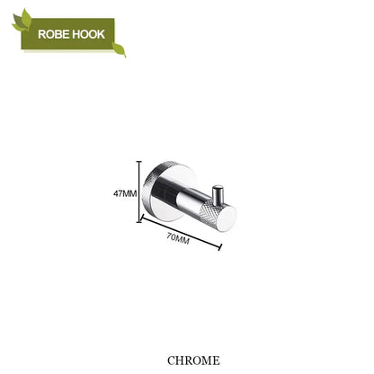 Chrome-finished stainless steel robe hook with textured knurled grip and sleek cylindrical design for decorbites bathroom accessories