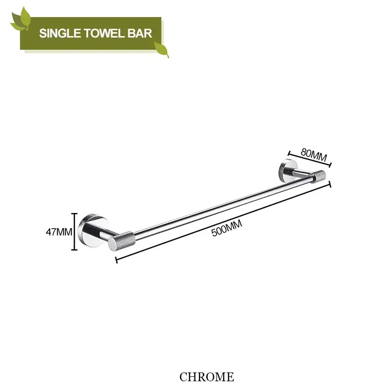 Modern rose gold single towel bar with chrome finish and textured end caps made of stainless steel for decorbites bathroom accessories